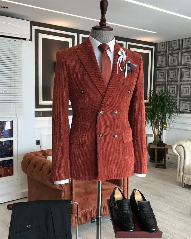 Burgundy Corduroy Double-breasted 2-piece Blazer Suit