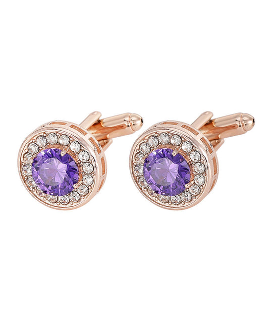 Rose Gold Round Cufflinks with Purple Crystal