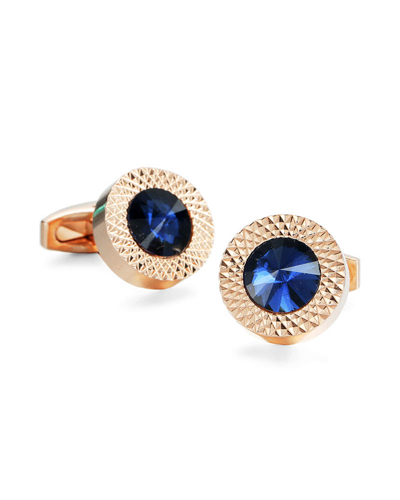 Golden Round Cufflinks with Blue Crystal