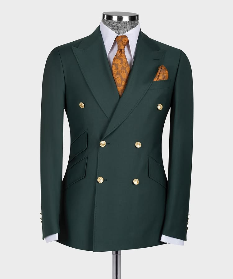 Green 2 Piece Peaked Lapel Double Breasted Suits