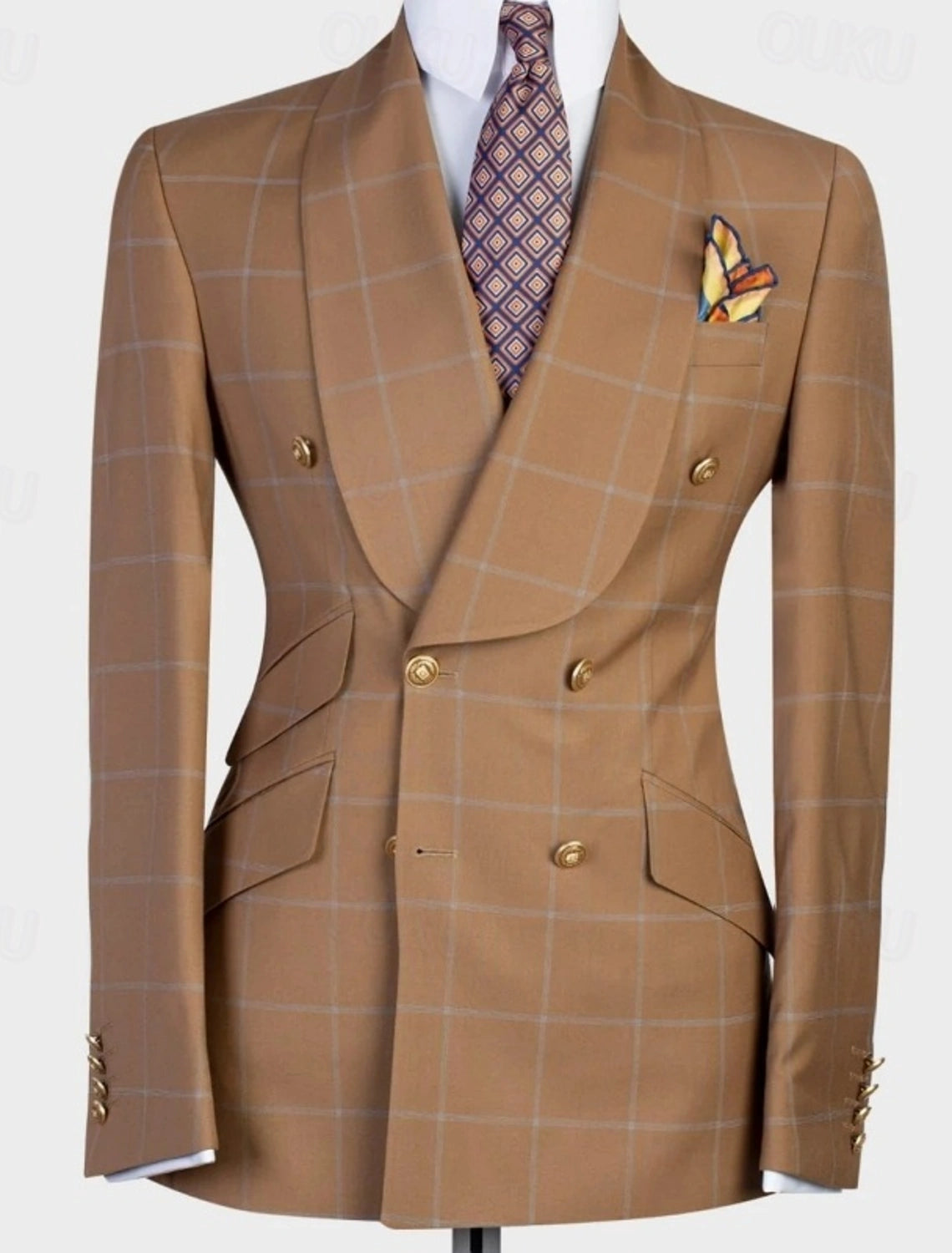 Brown 2 Piece Shawl Lapel Double Breasted Plaid Suits