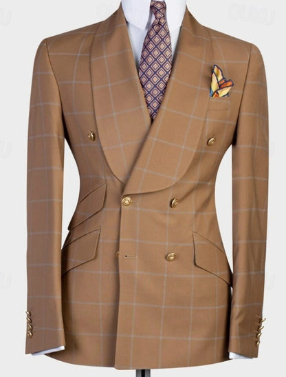 Brown 2 Piece Shawl Lapel Double Breasted Plaid Suits