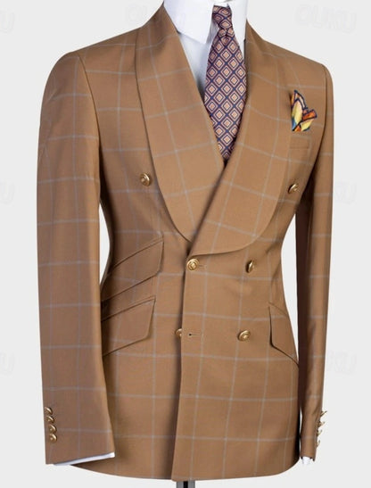 Brown 2 Piece Shawl Lapel Double Breasted Plaid Suits