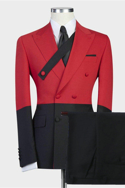 Red Black 2 Piece Peaked Lapel Double Breasted Suits for Prom