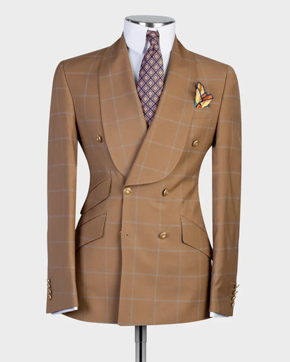 Brown 2 Piece Shawl Lapel Double Breasted Plaid Suits