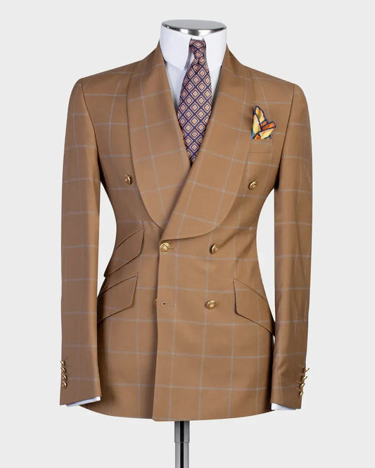 Brown 2 Piece Shawl Lapel Double Breasted Plaid Suits