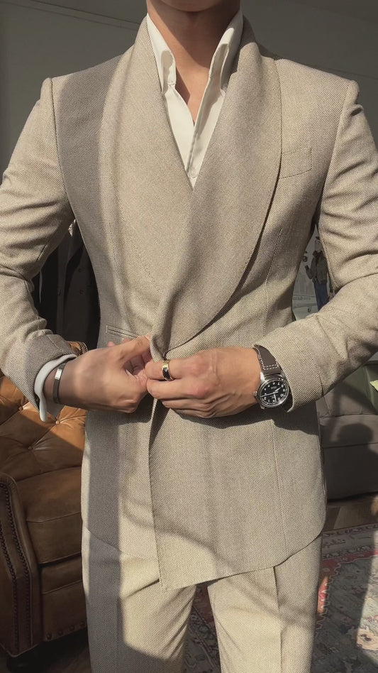 Sand Brown 2 Piece Shawl Lapel Double Breasted Suit