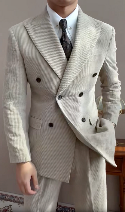 Beige Pinstripe Double-Breasted Suit – Modern Peak Lapel Men’s 2-Piece