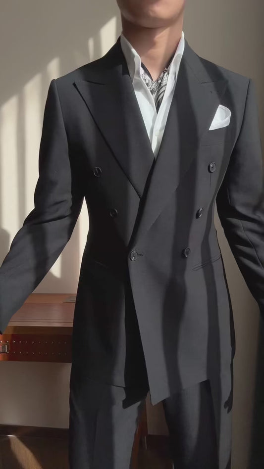 Classic Black 2 Piece Double Breasted Peak Lapel Suit