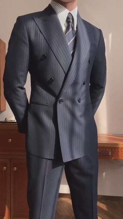 Navy blue striped 2-piece double breasted Peak Lapel suit
