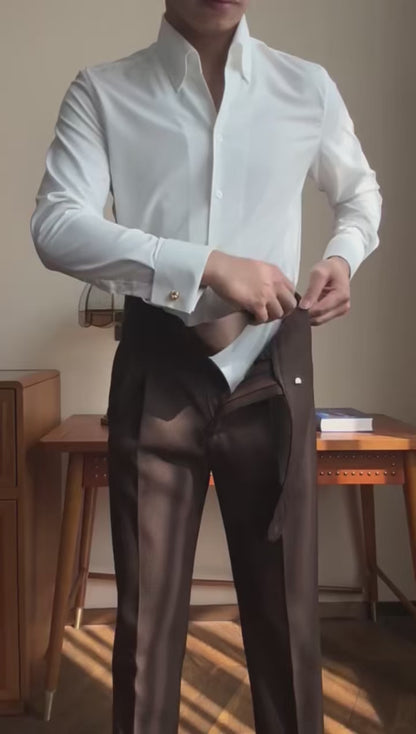 Men’s Brown High-Waist Pleated Dress Pants – Classic Formal Straight-Leg Trousers