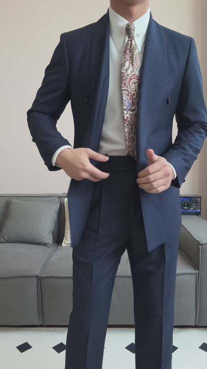 Classic navy blue striped 2-piece Shawl Lapel suit