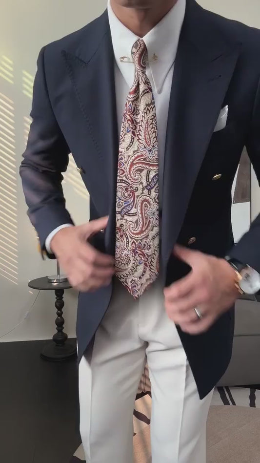 Stylish and trendy navy blue double-breasted Peak Lapel Blazer Suit