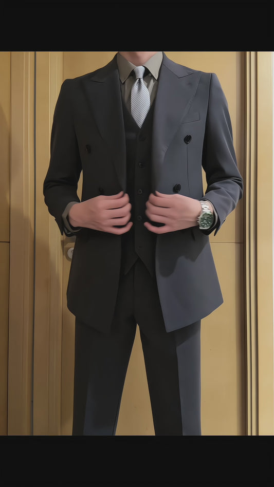 Black Regular fit 3 Piece  Double Breasted Suit