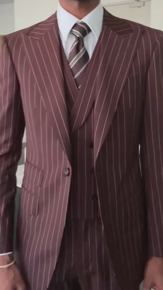 Men's Stripe Burgundy 3-piece Suit