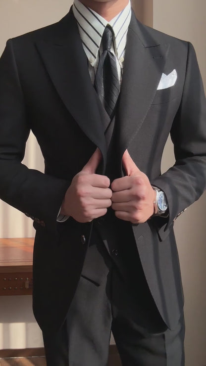 Black 3 Piece Peaked Lapel 2-Button Suit