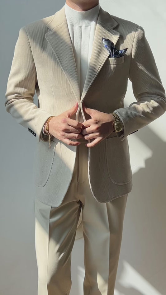 Off White Pinstripe 2 Piece Notch Lapel 2-Button Suit