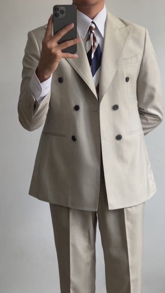 Beige Gray 2 Piece Peaked Lapel Double Breasted Suit