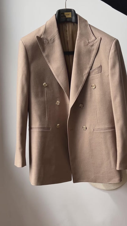 Sand Brown 2 Piece Peaked Lapel Double Breasted Suit