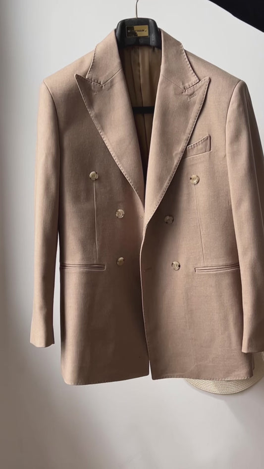 Sand Brown 2 Piece Peaked Lapel Double Breasted Suit