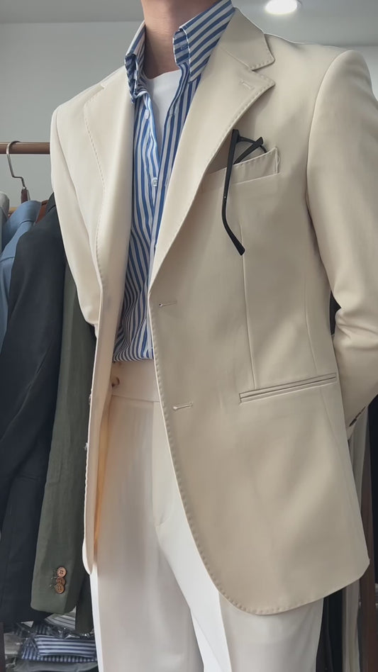 Beige White Notch Lapel 2-Button Blazer Suit