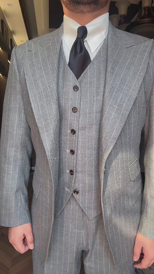 Gray Striped Peak Lapel 3-piece Suit
