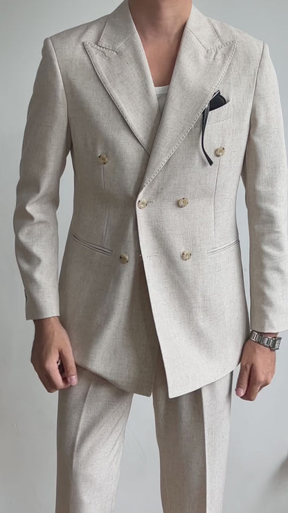 Linen White 2 Piece Peaked Lapel Double Breasted Suit