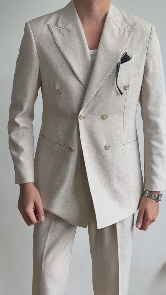 Linen White 2 Piece Peaked Lapel Double Breasted Suit