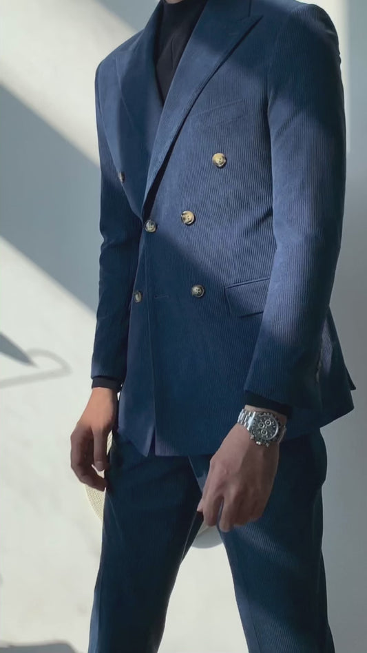 Royal Blue Pinstripe 2 Piece Peaked Lapel Double Breasted Suit