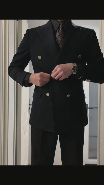 Ebony Black 2 Piece Peaked Lapel Double Breasted Suit