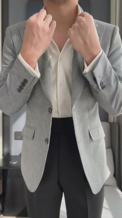 Light Gray Peaked Lapel Single Breasted Plaid Blazer Suit