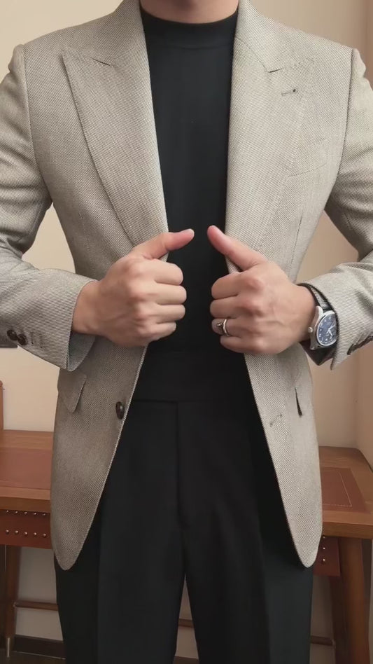 Beige Single Breasted Peak Lapel Blazer Suit