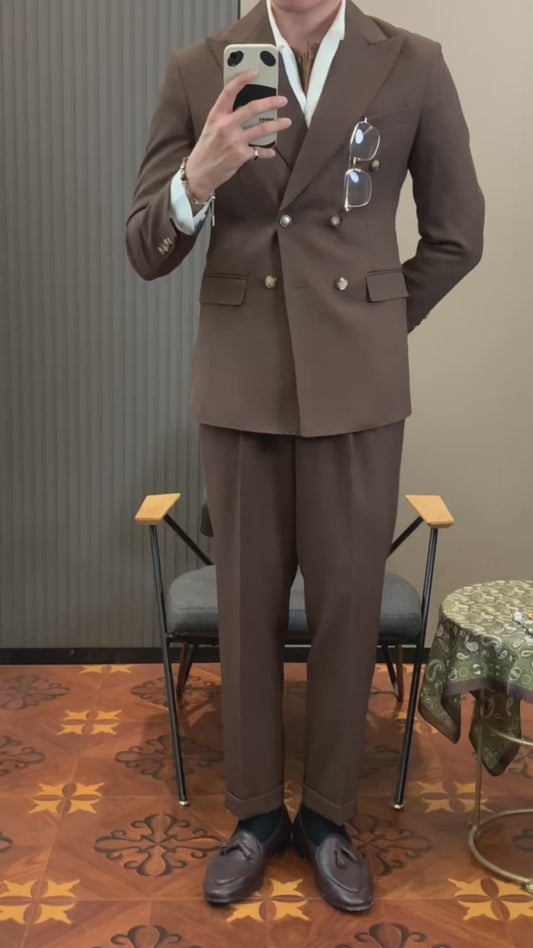 Chocolate Brown 2 Piece Peaked Lapel Double Breasted Suit