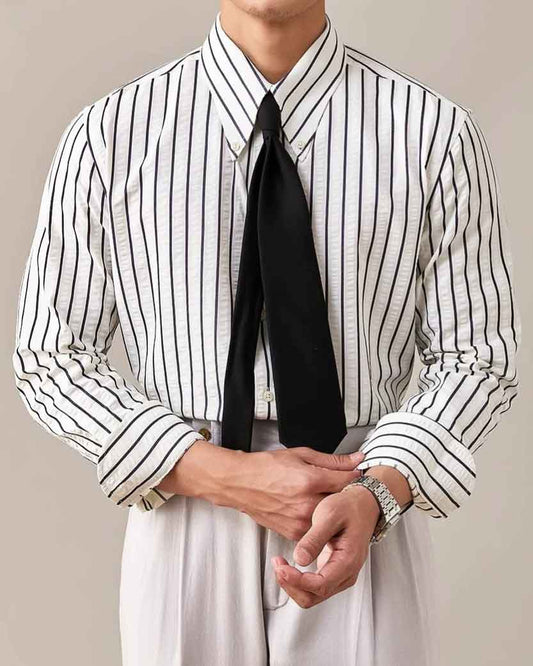 White Seersucker Striped Casual Shirt