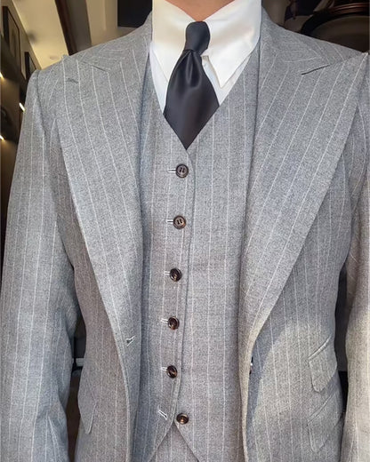 Gray Striped Peak Lapel 3-piece Suit
