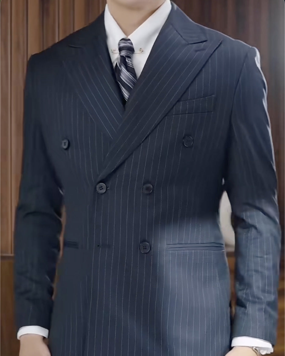 Navy Blue Striped Chic 3-piece Suit